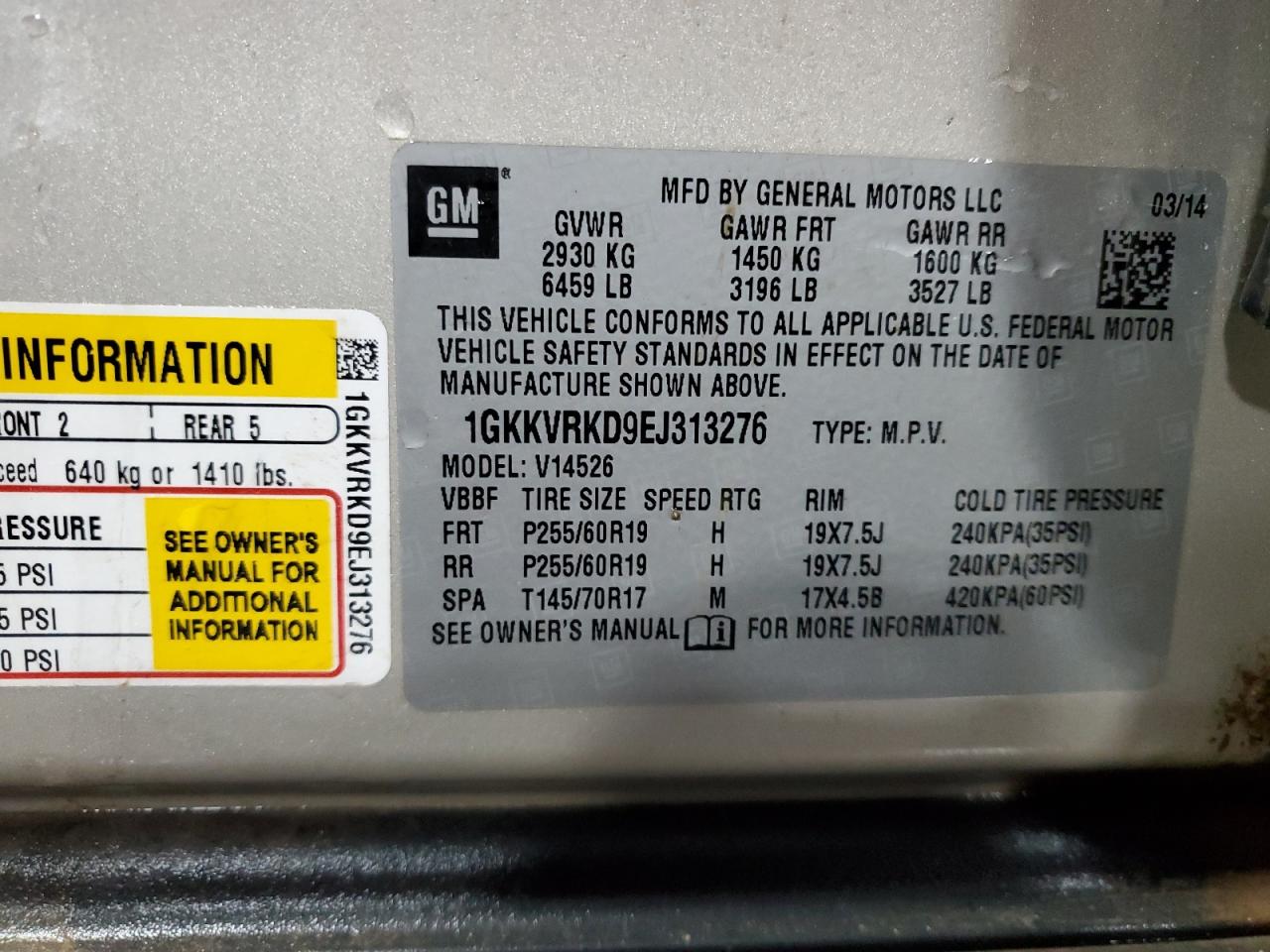 2014 GMC Acadia VIN 1GKKVRKD9EJ313276 Copart auction photo, rear end / side damage thumbnail 13