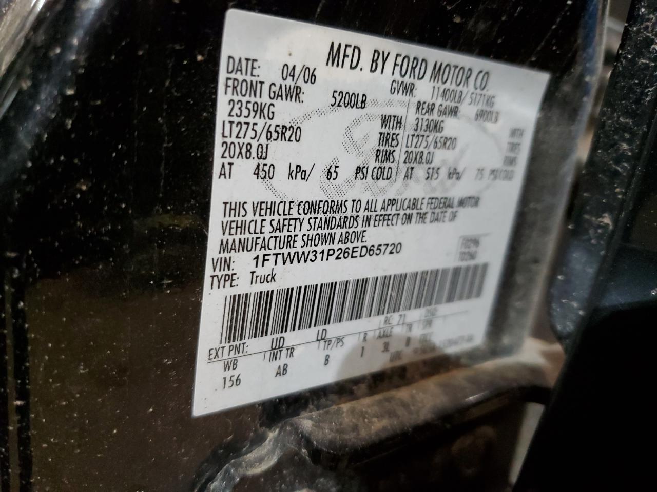 2006 Ford F350 VIN 1FTWW31P26ED65720 Copart auction photo, all over / rollover damage thumbnail 14