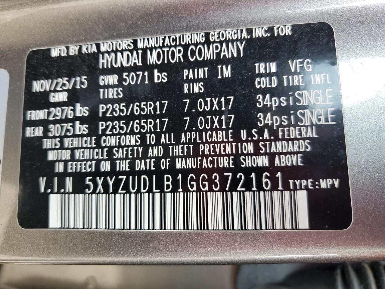 2016 Hyundai Santa Fe VIN 5XYZUDLB1GG372161 Copart auction photo, front end / minor dent/scratches damage thumbnail 13