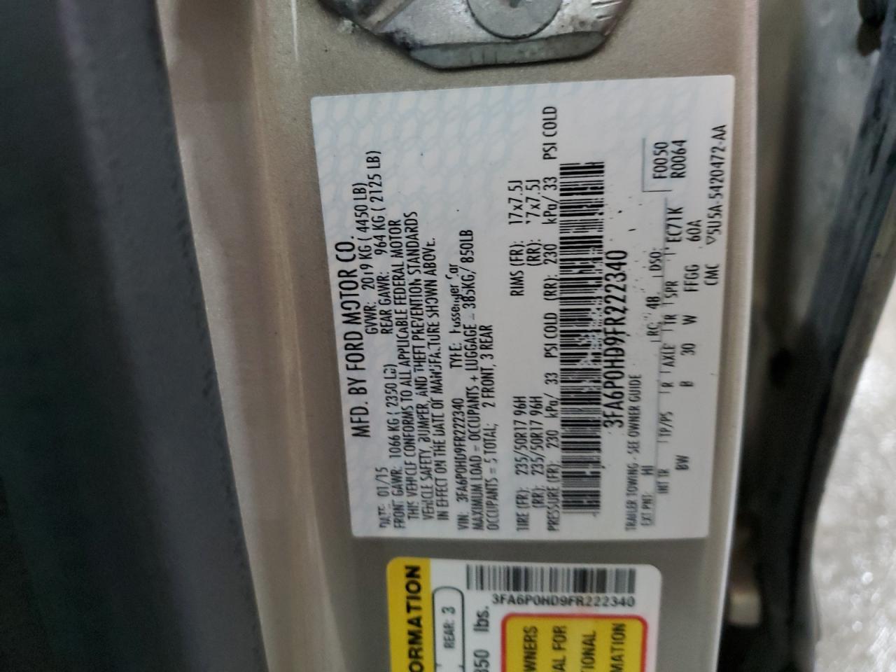 2015 Ford Fusion VIN 3FA6P0HD9FR222340 Copart auction photo, front end damage thumbnail 13