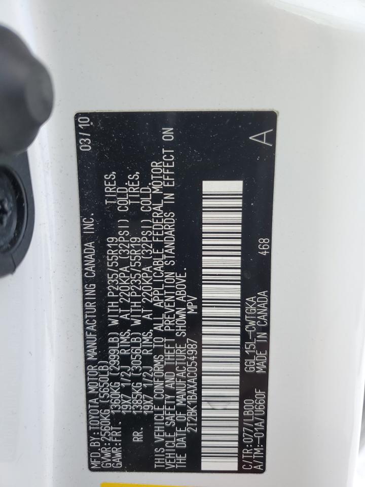 2010 Lexus RX VIN 2T2BK1BAXAC054987 Copart auction photo, front end damage thumbnail 14
