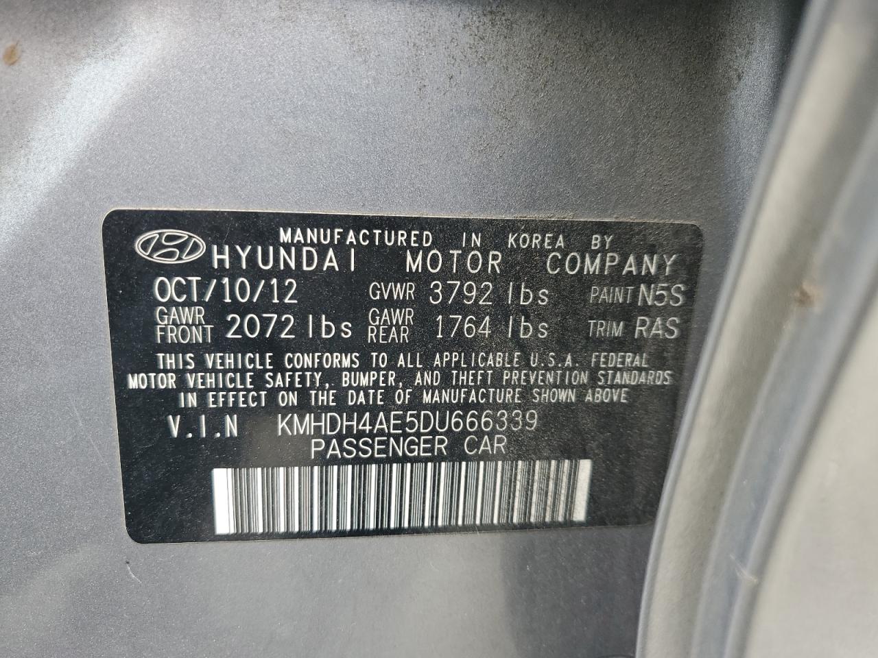 2013 Hyundai Elantra VIN KMHDH4AE5DU666339 Copart auction photo, side damage thumbnail 12