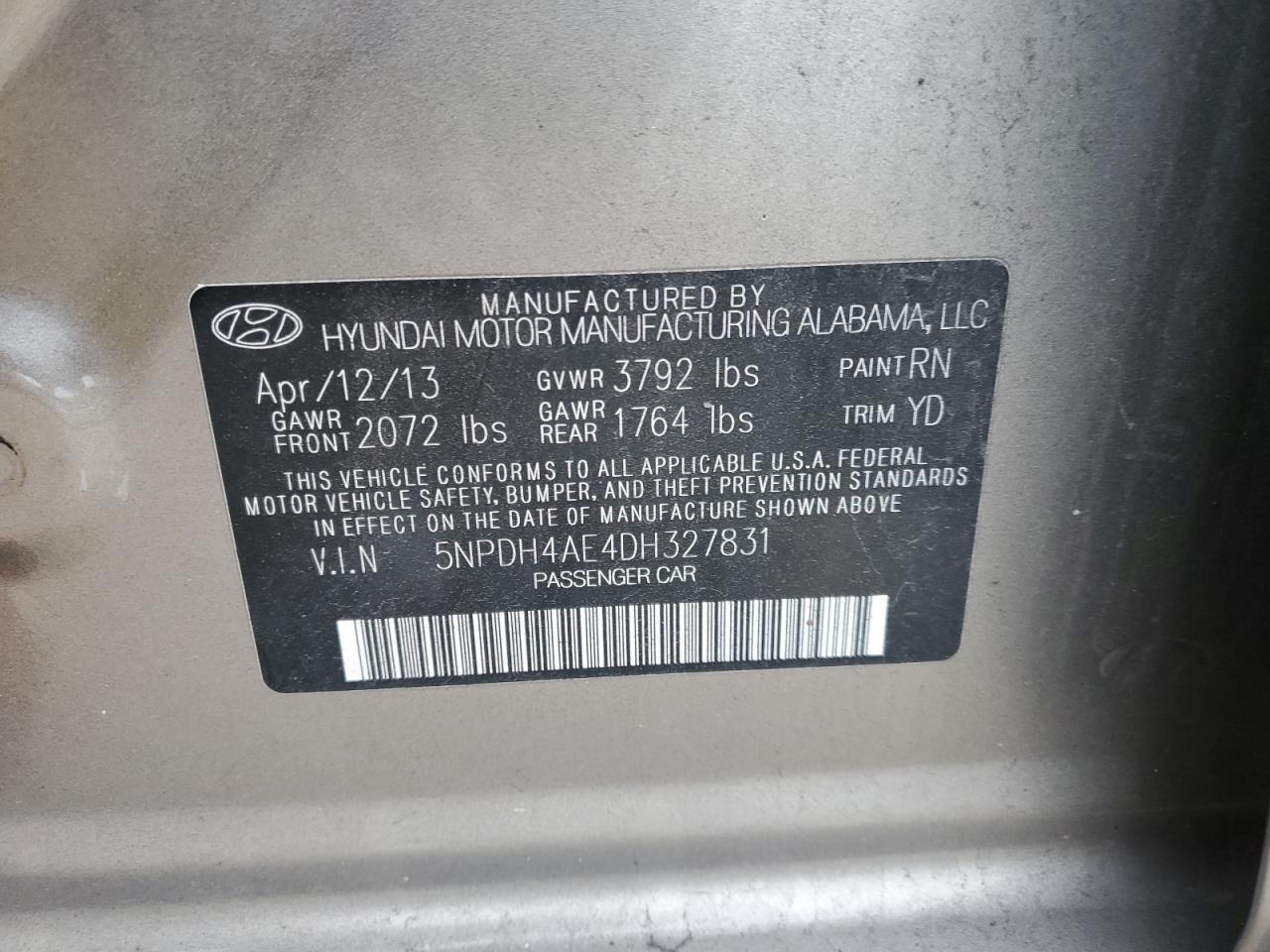 2013 Hyundai Elantra VIN 5NPDH4AE4DH327831 Copart auction photo, front end / vandalism damage thumbnail 12