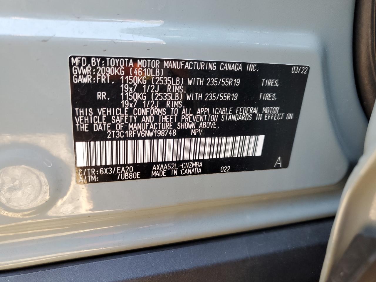 2022 Toyota RAV 4 VIN 2T3C1RFV6NW198748 Copart auction photo, frame damage damage thumbnail 14