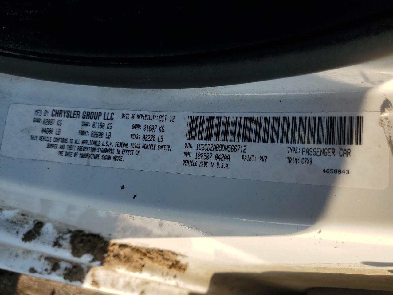 2013 Dodge Avenger VIN 1C3CDZAB9DN566712 Copart auction photo, all over damage thumbnail 14