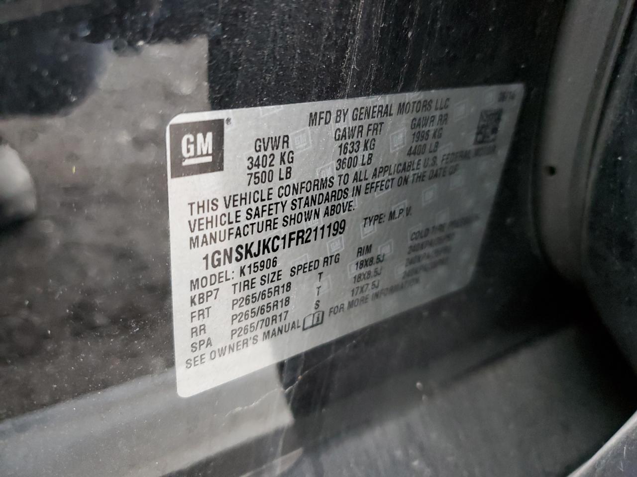 2015 Chevrolet Suburban VIN 1GNSKJKC1FR211199 Copart auction photo, minor dent/scratches damage thumbnail 13