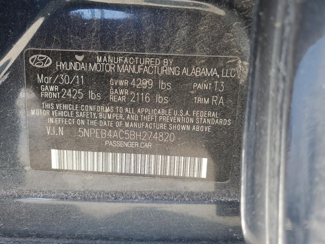 2011 Hyundai Sonata VIN 5NPEB4AC5BH274820 Copart auction photo, rear end damage thumbnail 12