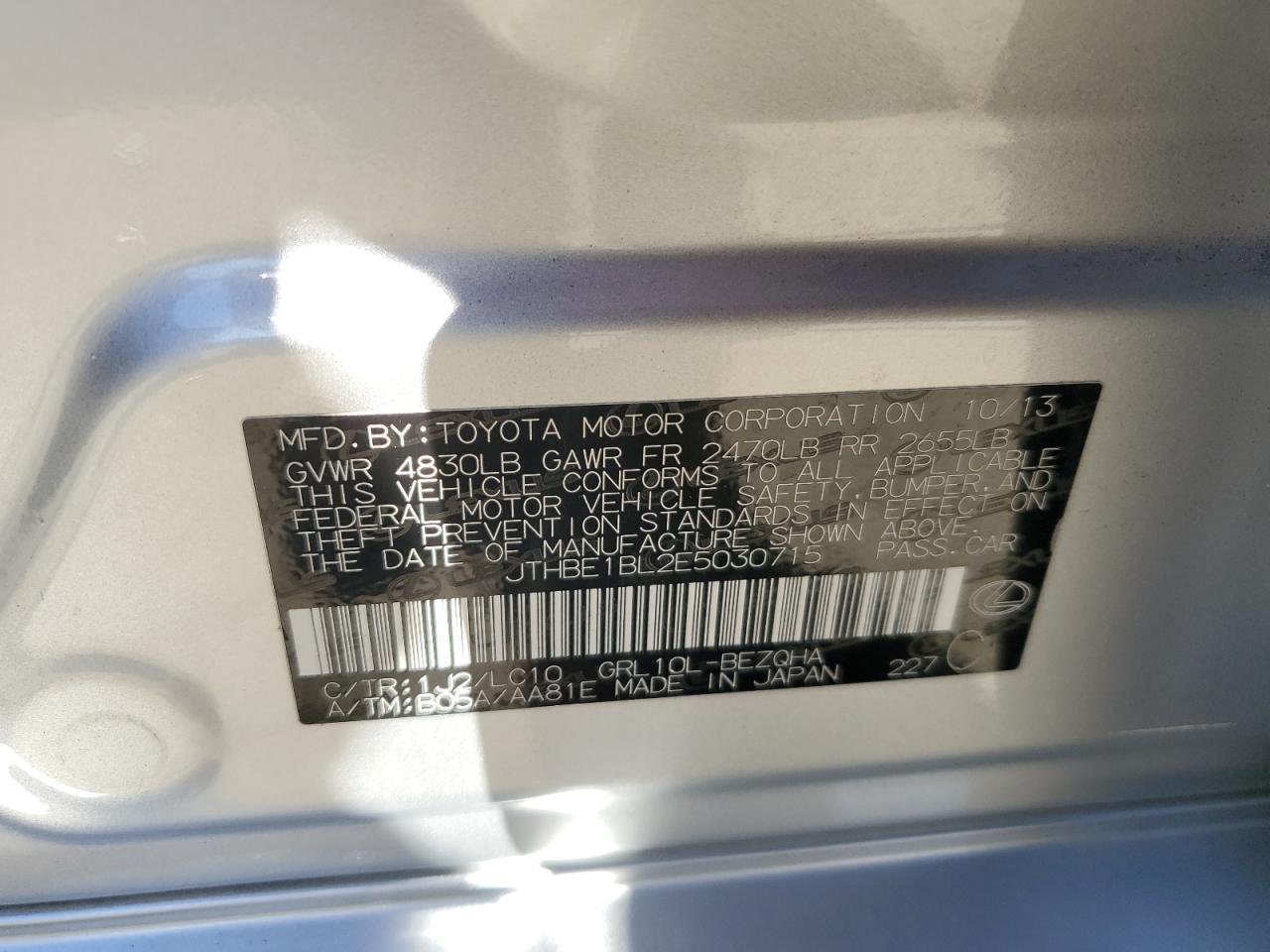 2014 Lexus GS VIN JTHBE1BL2E5030715 Copart auction photo, side / front end damage thumbnail 14