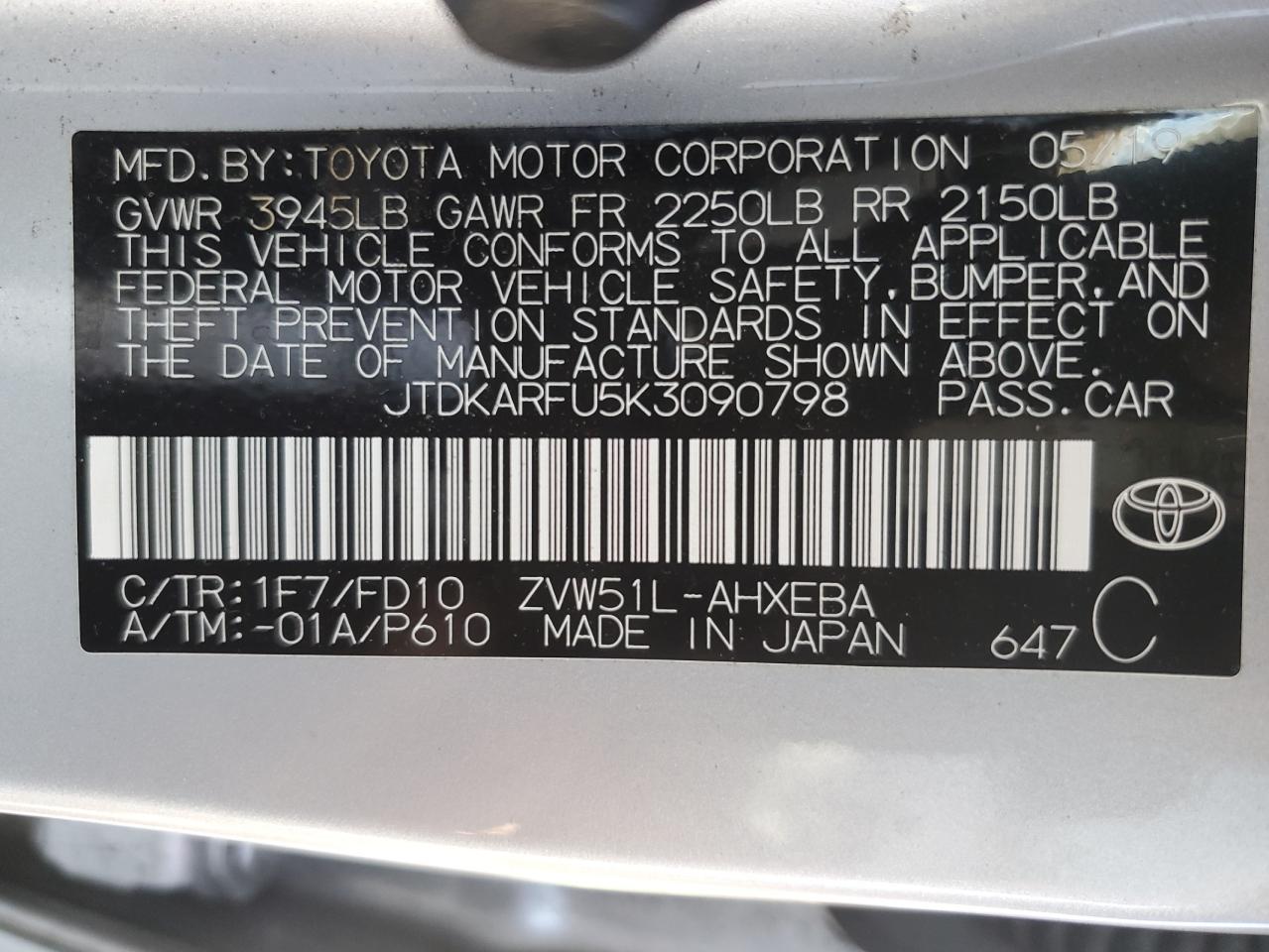 2019 Toyota Prius VIN JTDKARFU5K3090798 Copart auction photo, front end damage thumbnail 14