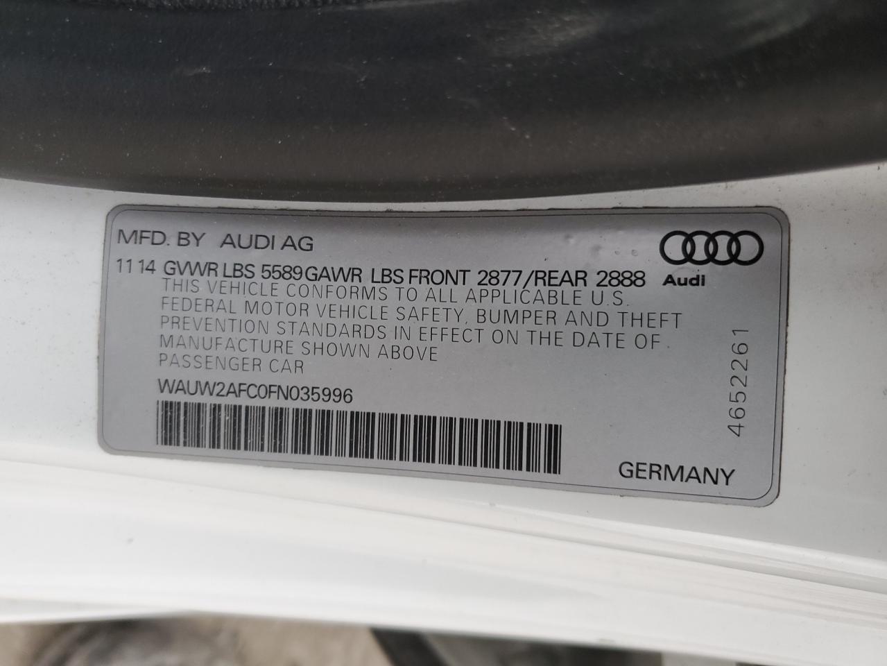 2015 Audi S7 VIN WAUW2AFC0FN035996 Copart auction photo, front end / undercarriage damage thumbnail 12
