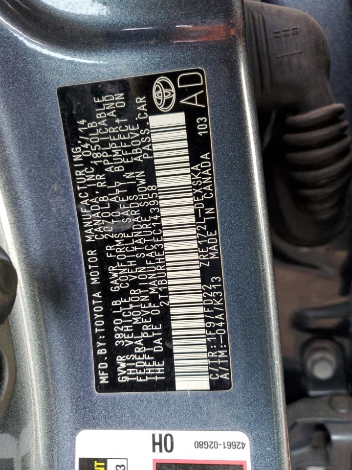 2014 Toyota Corolla VIN 2T1BURHE3EC143958 Copart auction photo, front end damage thumbnail 12