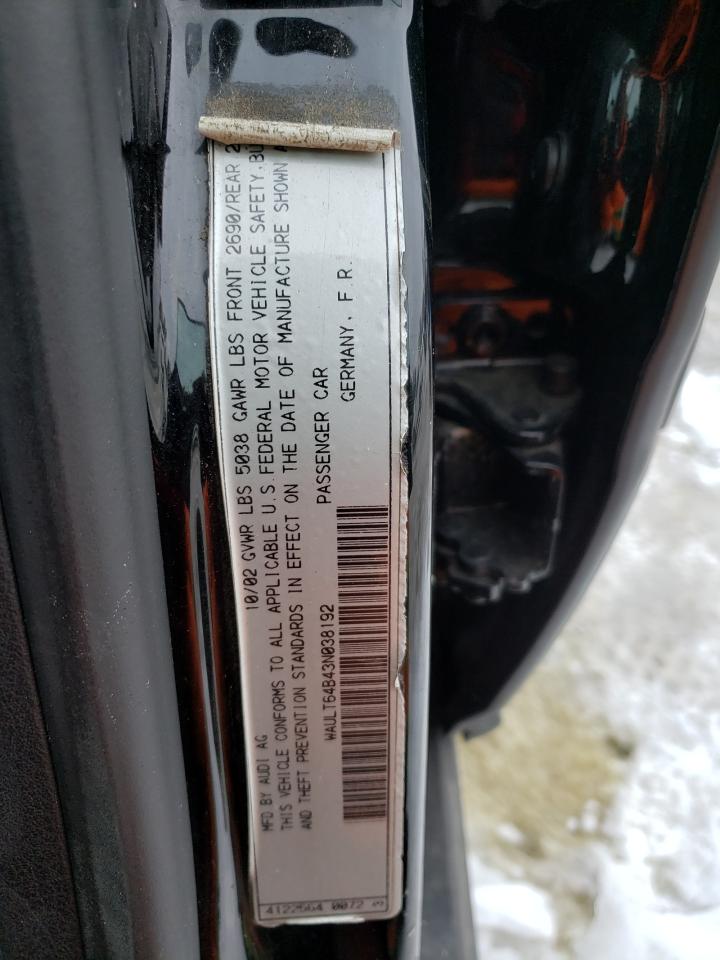 2003 Audi A6 VIN WAULT64B43N038192 Copart auction photo, front end / side damage thumbnail 12