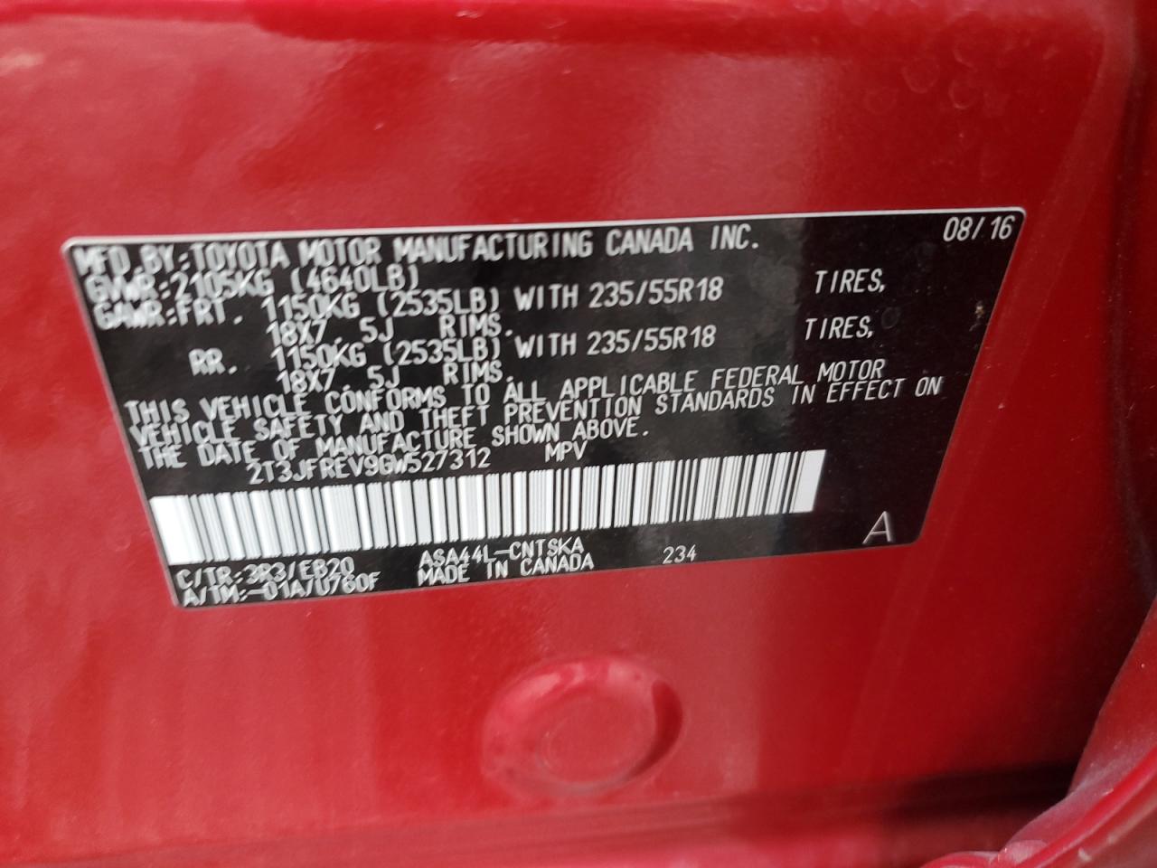 2016 Toyota RAV 4 VIN 2T3JFREV9GW527312 Copart auction photo, rear end damage thumbnail 14