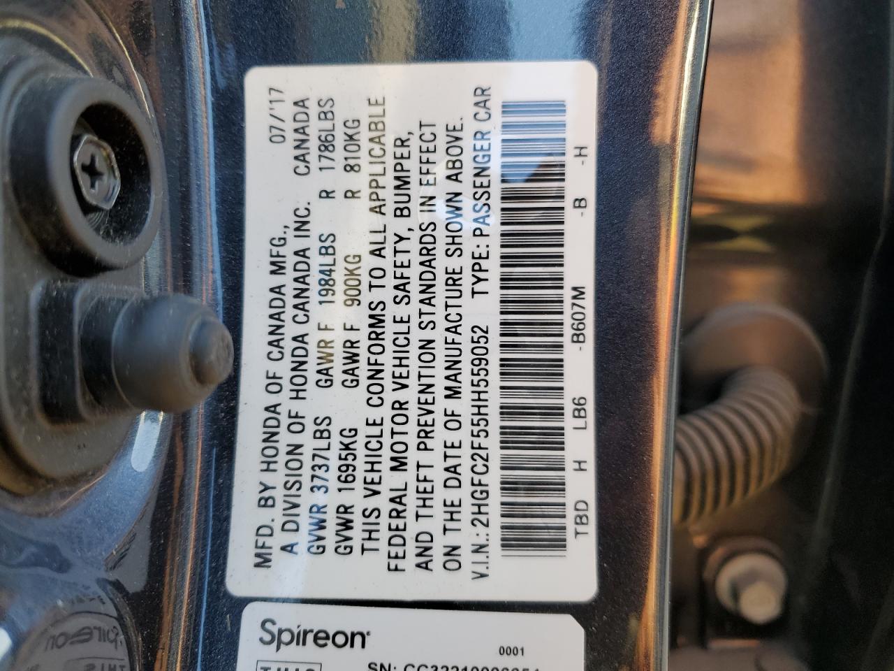 2017 Honda Civic VIN 2HGFC2F55HH559052 Copart auction photo, hail damage thumbnail 12