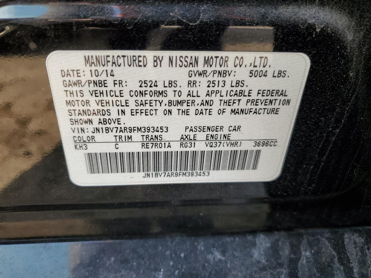 2015 Infiniti Q50 VIN JN1BV7AR9FM393453 Copart auction photo, front end / stripped damage thumbnail 12