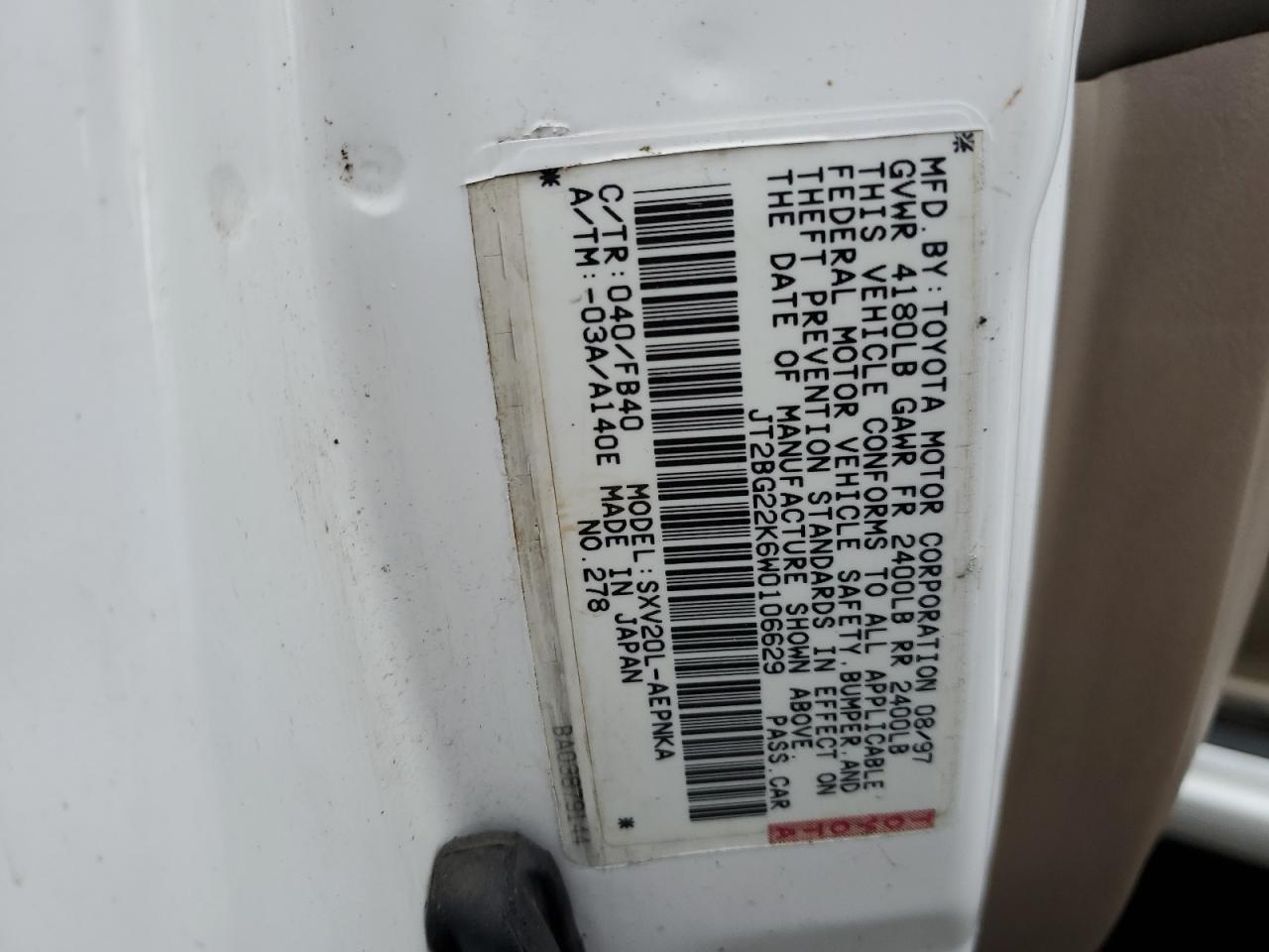 1998 Toyota Camry VIN JT2BG22K6W0106629 Copart auction photo, front end / side damage thumbnail 12