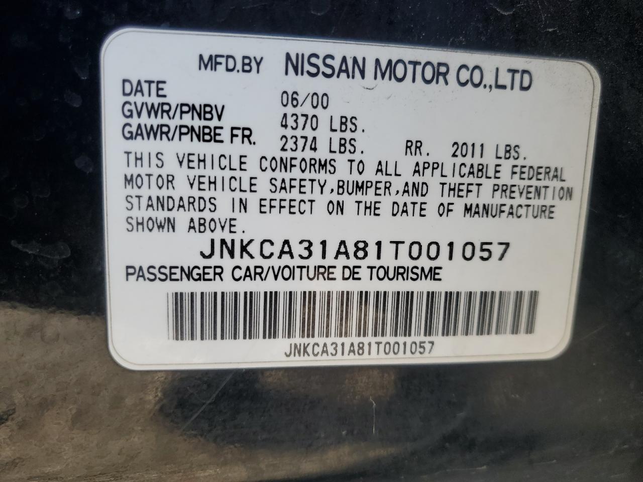 2001 Infiniti I VIN JNKCA31A81T001057 Copart auction photo, front end / rear end damage thumbnail 13