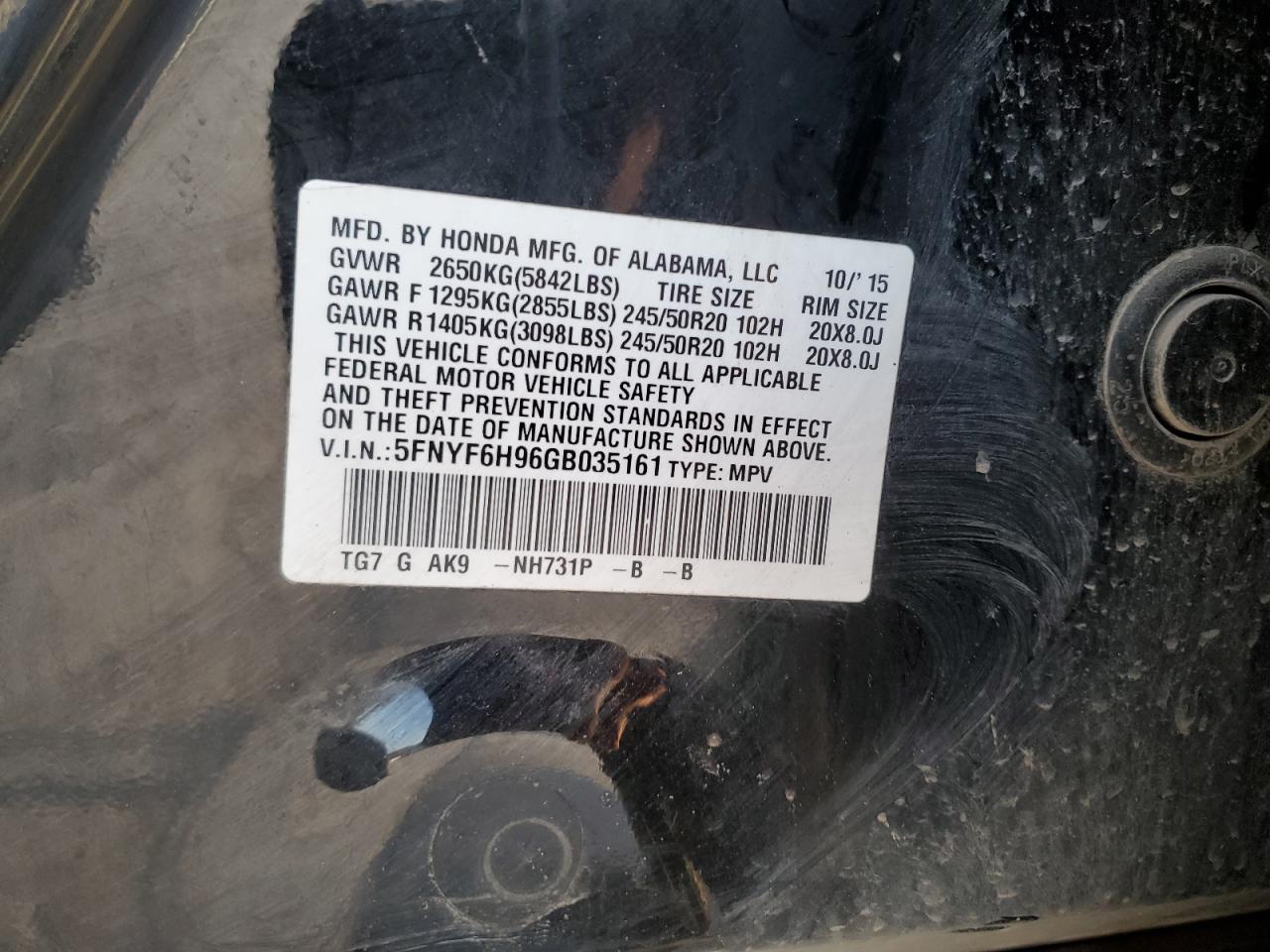 2016 Honda Pilot VIN 5FNYF6H96GB035161 Copart auction photo, mechanical / front end damage thumbnail 13