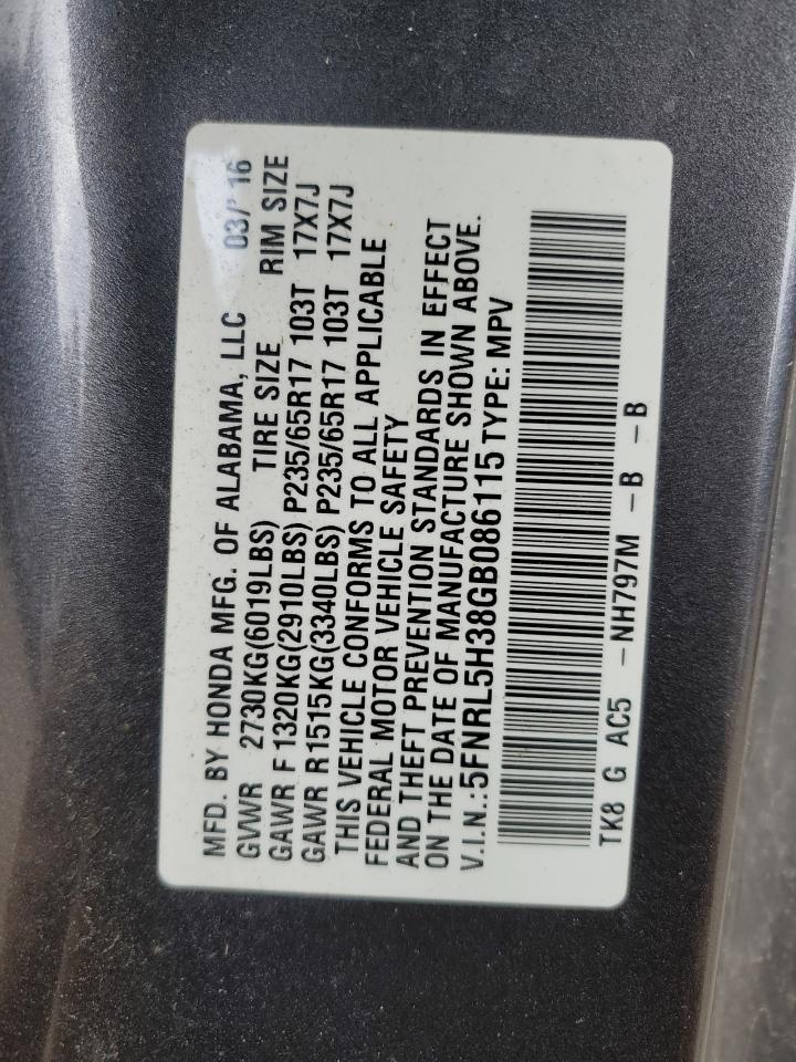 2016 Honda Odyssey VIN 5FNRL5H38GB086115 Copart auction photo, front end damage thumbnail 13