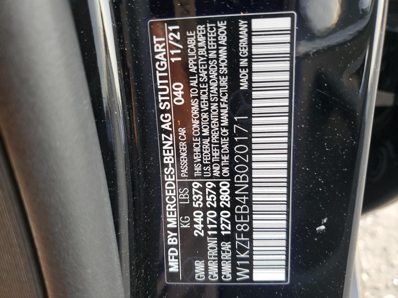 2022 Mercedes-Benz E-klasse VIN W1KZF8EB4NB020171 Copart auction photo, front end damage thumbnail 12