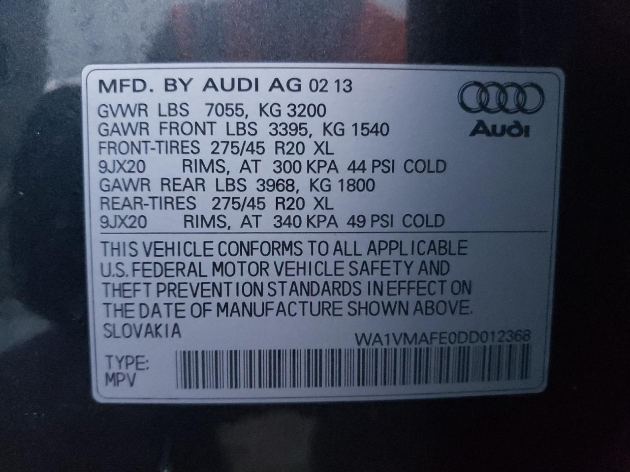 2013 Audi Q7 VIN WA1VMAFE0DD012368 Copart auction photo, rear end / front end damage thumbnail 16