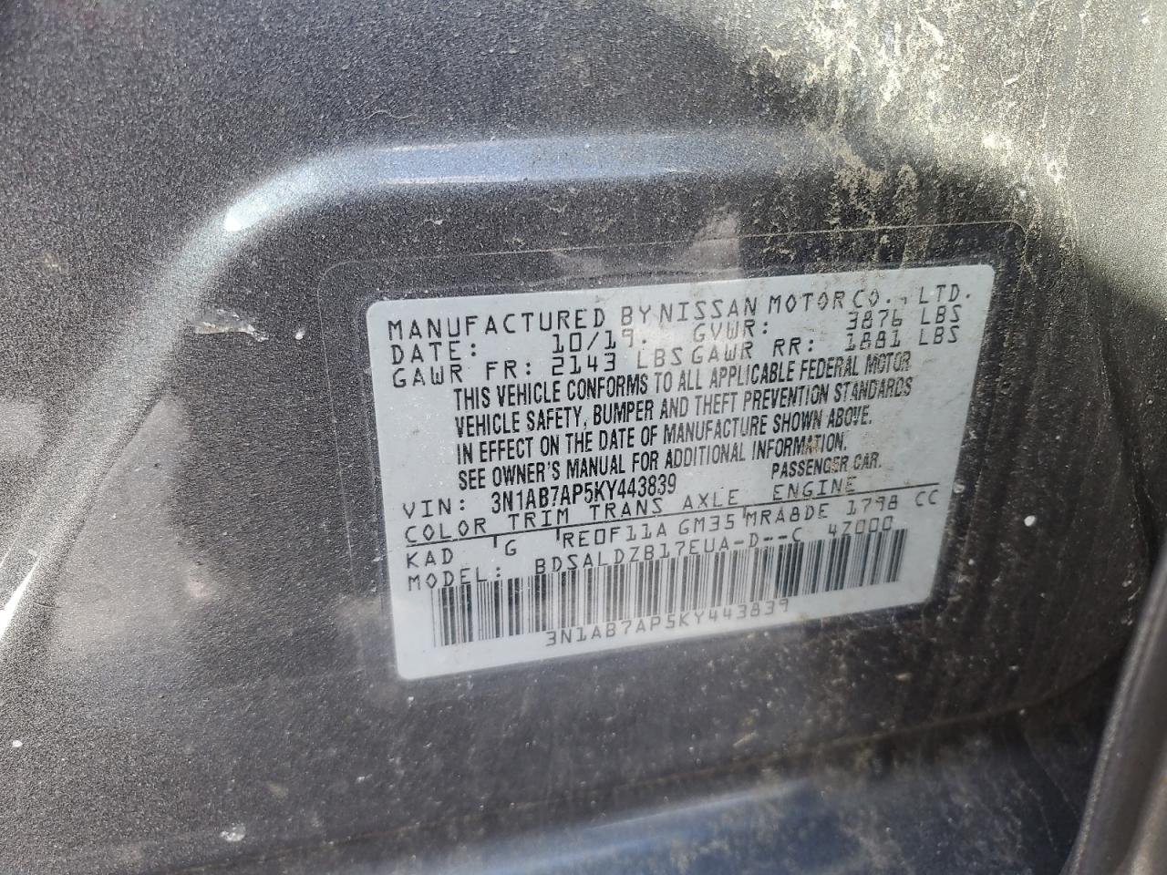 2019 Nissan Sentra VIN 3N1AB7AP5KY443839 Copart auction photo, front end / minor dent/scratches damage thumbnail 12