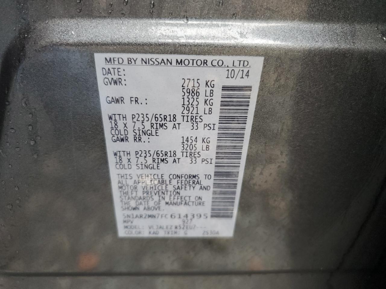 2015 Nissan Pathfinder VIN 5N1AR2MN7FC614395 Copart auction photo, front end damage thumbnail 14