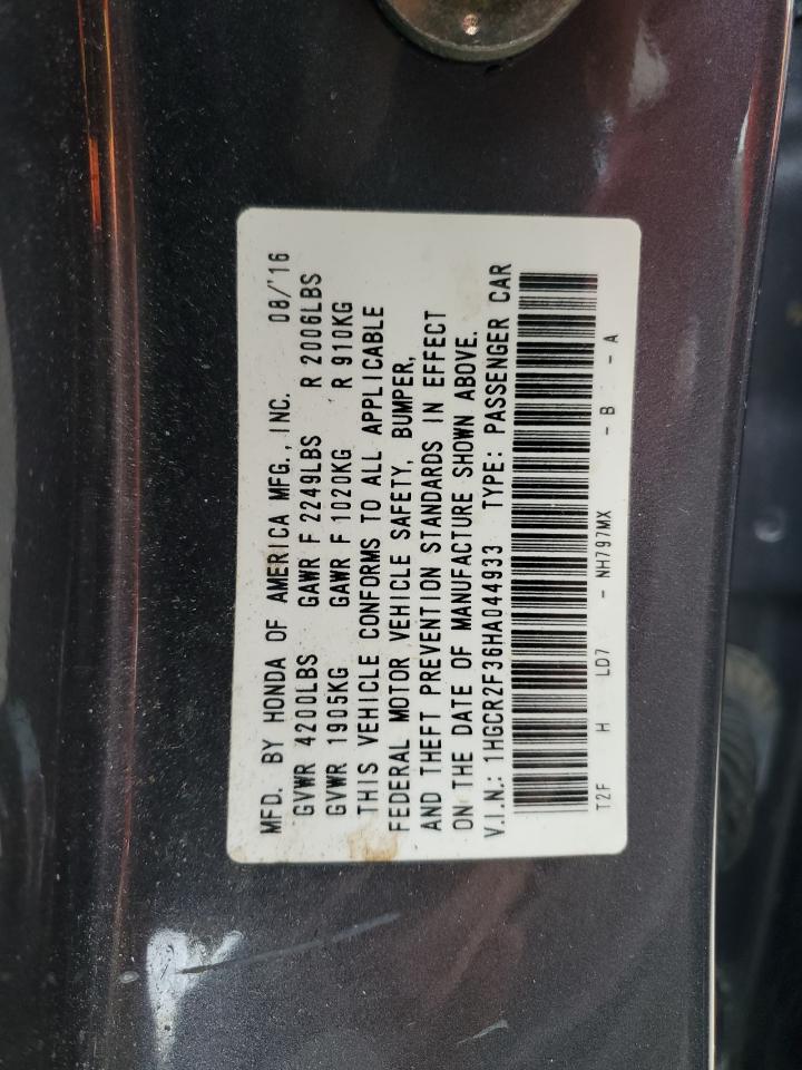 2017 Honda Accord VIN 1HGCR2F36HA044933 Copart auction photo, rear end / front end damage thumbnail 13