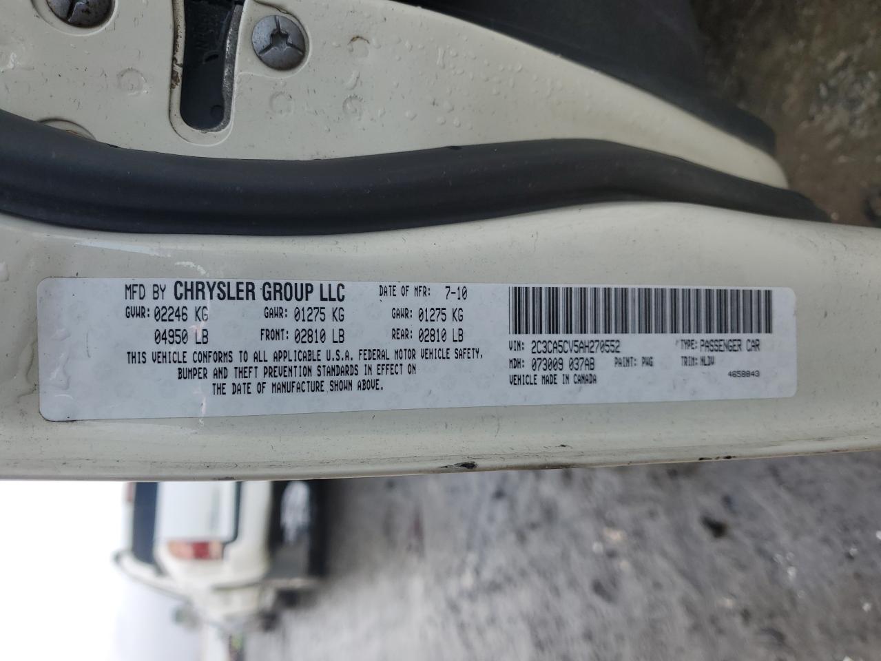 2010 Chrysler 300 VIN 2C3CA5CV5AH270552 Copart auction photo, side damage thumbnail 12