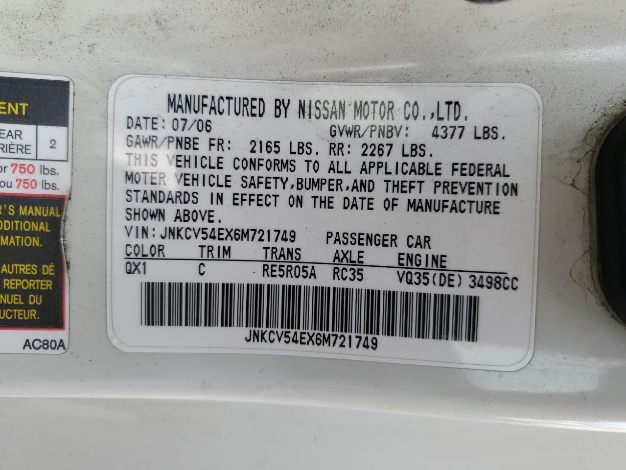 2006 Infiniti G VIN JNKCV54EX6M721749 Copart auction photo, front end / side damage thumbnail 13