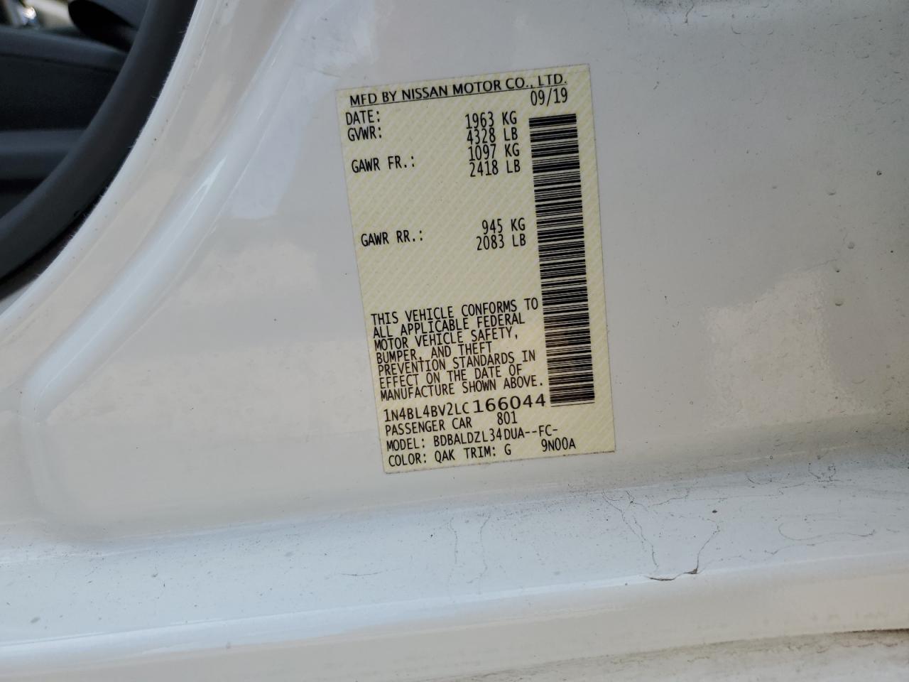 2020 Nissan Altima VIN 1N4BL4BV2LC166044 Copart auction photo, front end damage thumbnail 12