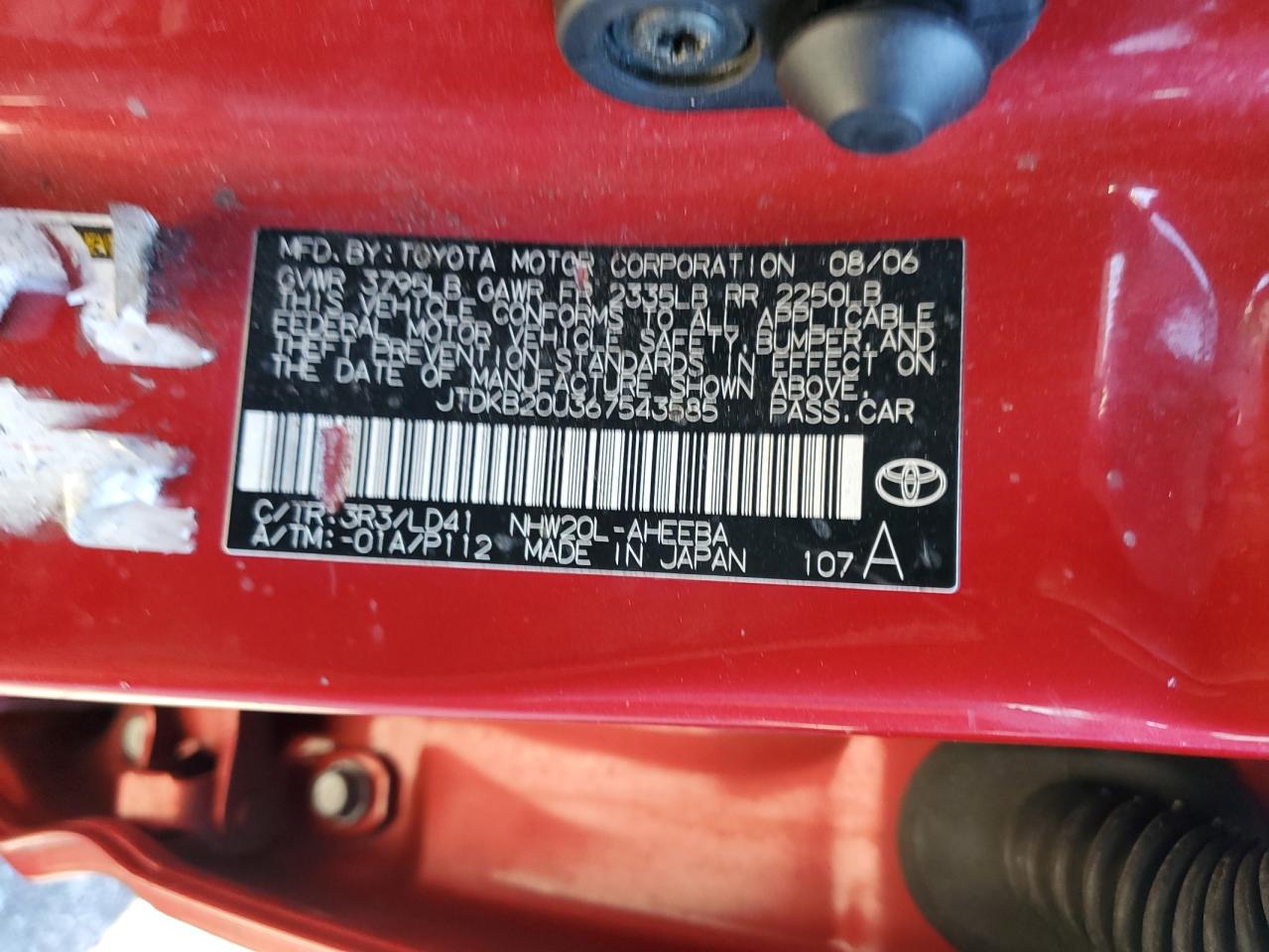 2006 Toyota Prius VIN JTDKB20U367543585 Copart auction photo, all over damage thumbnail 12