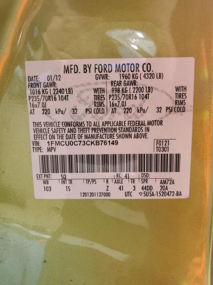 2012 Ford Escape VIN 1FMCU0C73CKB76149 Copart auction photo, front end / minor dent/scratches damage thumbnail 13