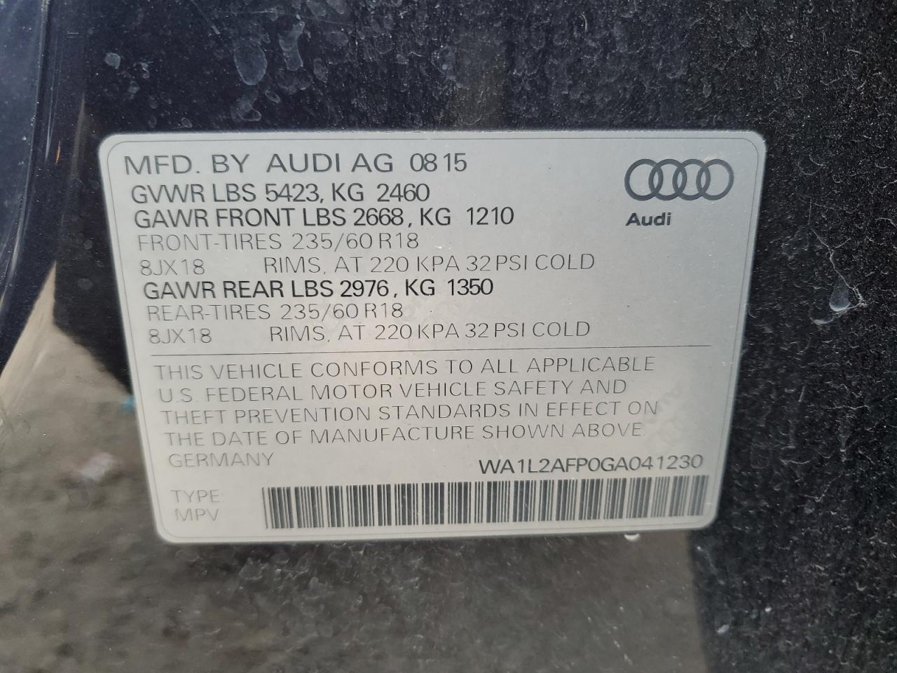 2016 Audi Q5 VIN WA1L2AFP0GA041230 Copart auction photo, minor dent/scratches damage thumbnail 13