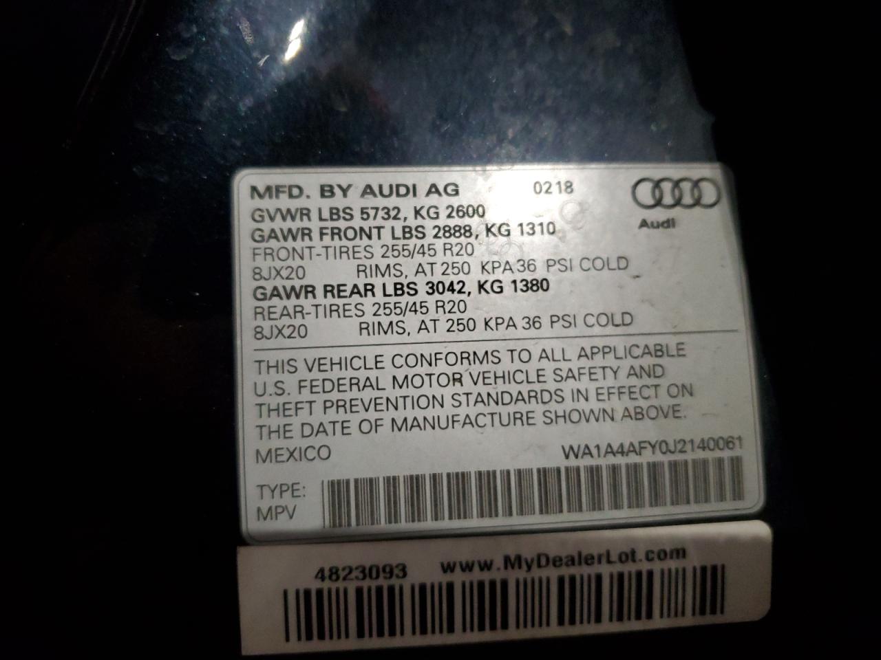 2018 Audi SQ5 VIN WA1A4AFY0J2140061 Copart auction photo, front end damage thumbnail 13