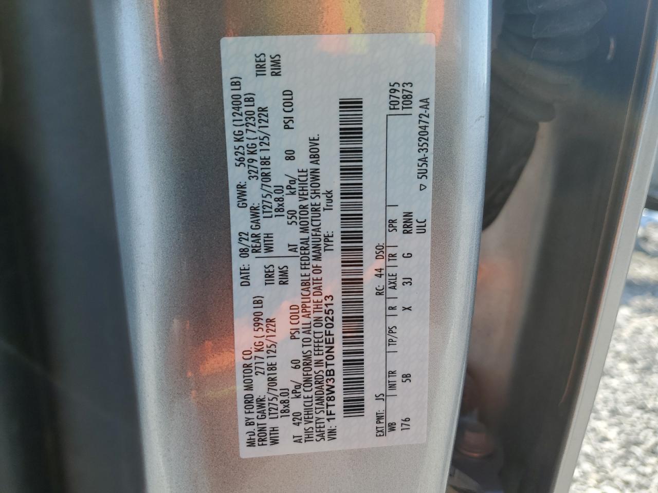 2022 Ford F350 VIN 1FT8W3BT0NEF02513 Copart auction photo, front end / side damage thumbnail 13