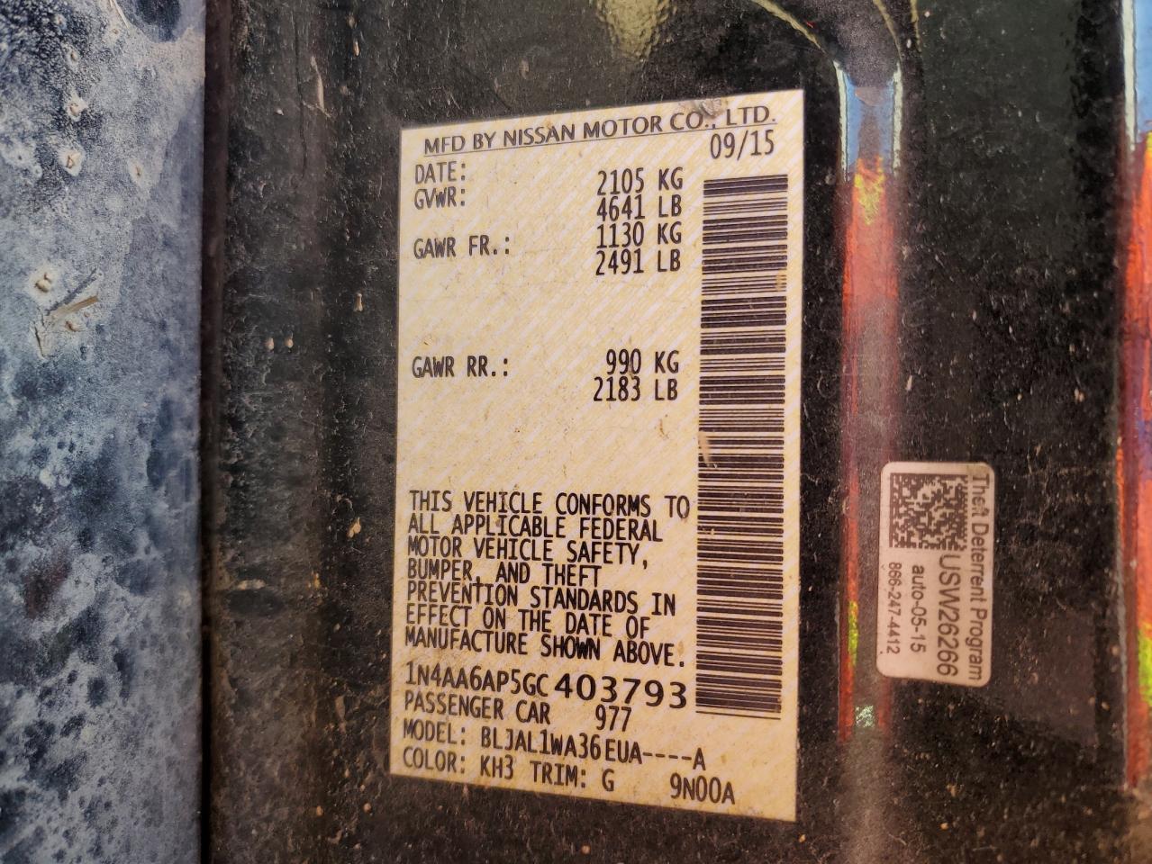 2016 Nissan Maxima VIN 1N4AA6AP5GC403793 Copart auction photo, front end damage thumbnail 14