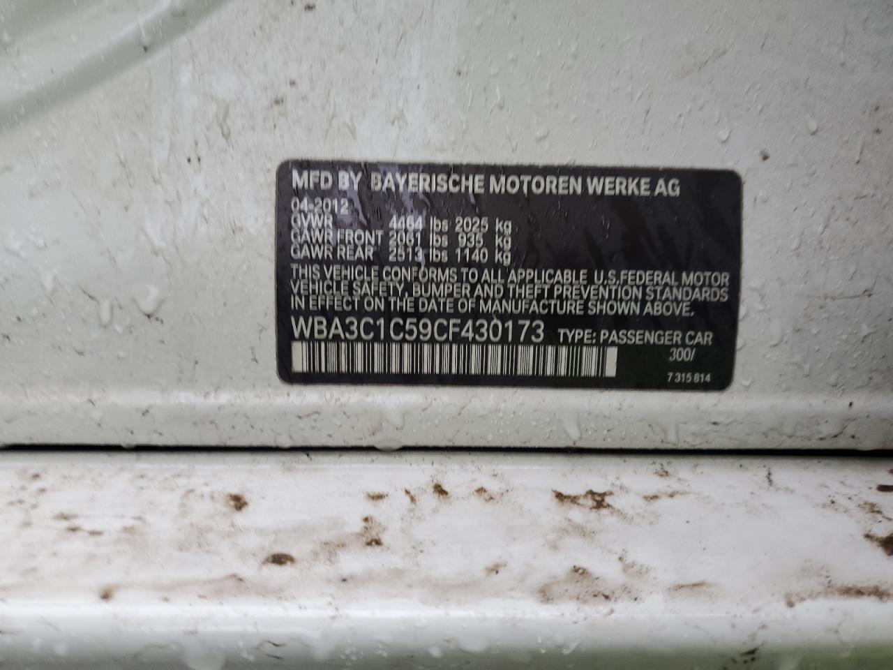 2012 BMW 3er VIN WBA3C1C59CF430173 Copart auction photo, mechanical damage thumbnail 12