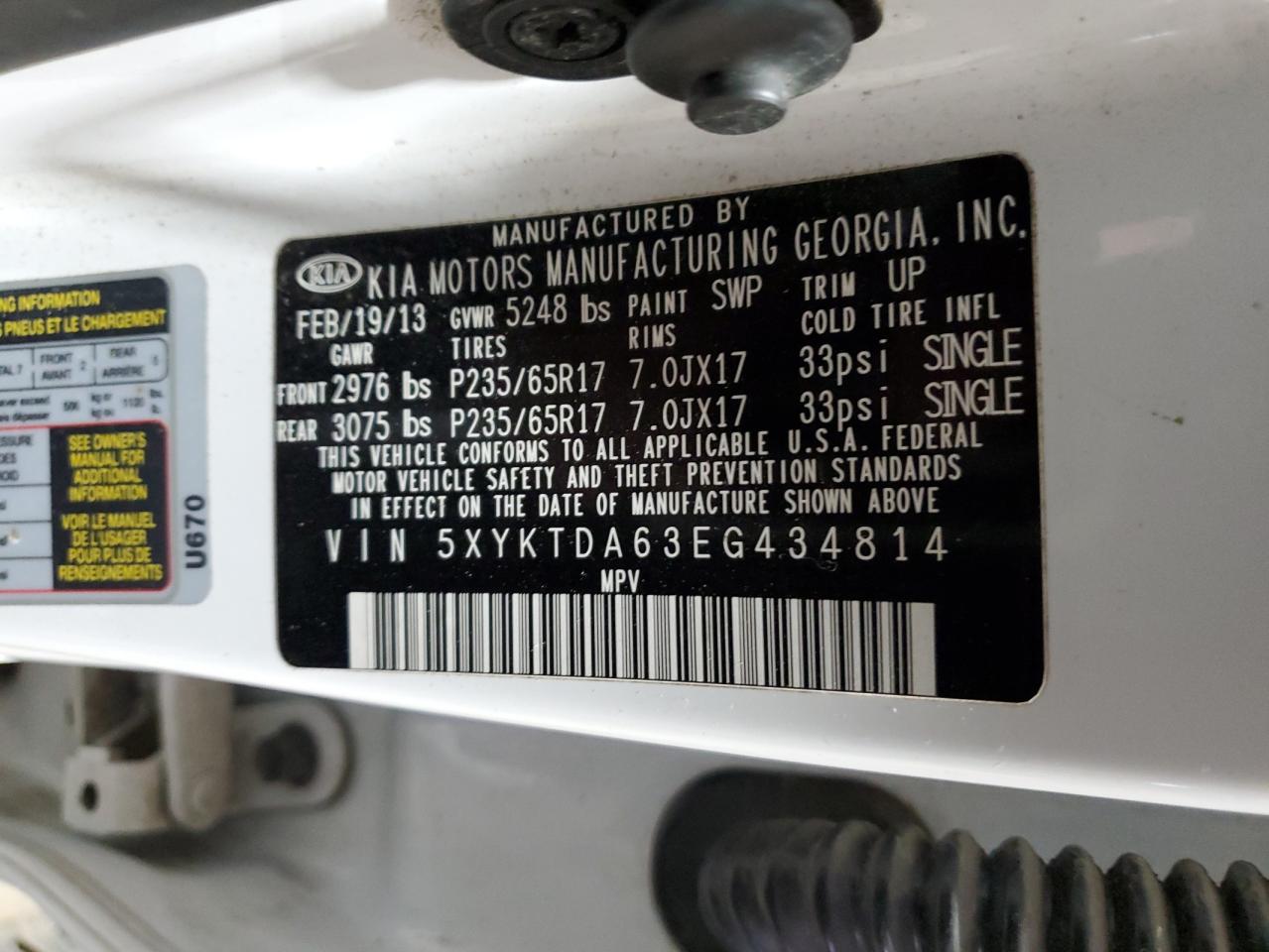 2014 KIA Sorento VIN 5XYKTDA63EG434814 Copart auction photo, front end damage thumbnail 14