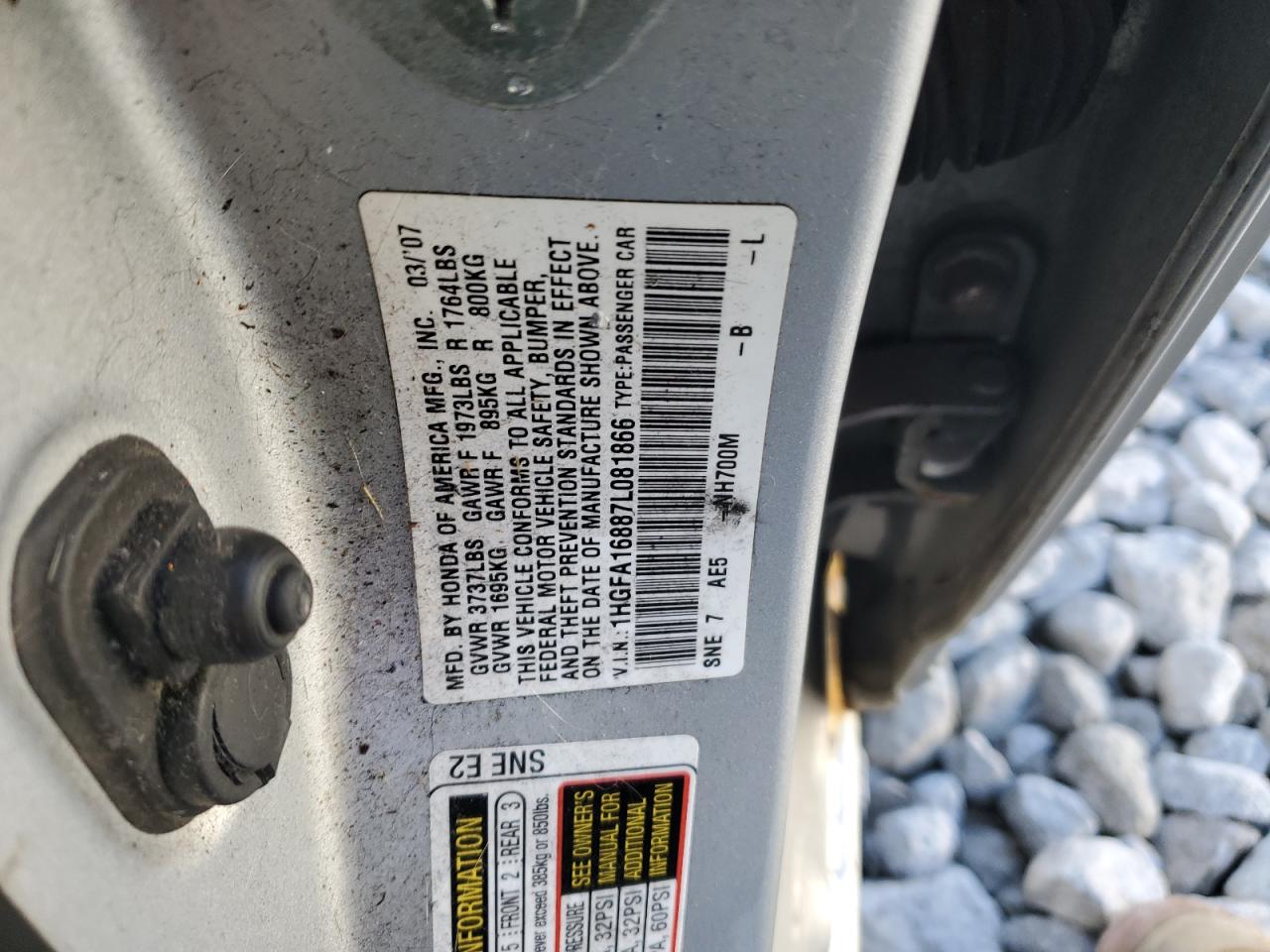 2007 Honda Civic VIN 1HGFA16887L081866 Copart auction photo, front end / side damage thumbnail 12