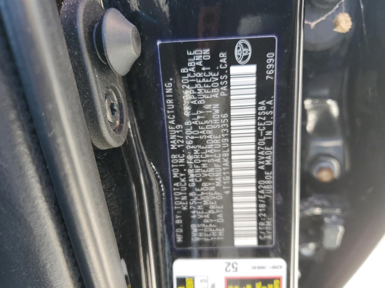 2020 Toyota Camry VIN 4T1G11AK8LU913356 Copart auction photo, rear end damage thumbnail 14