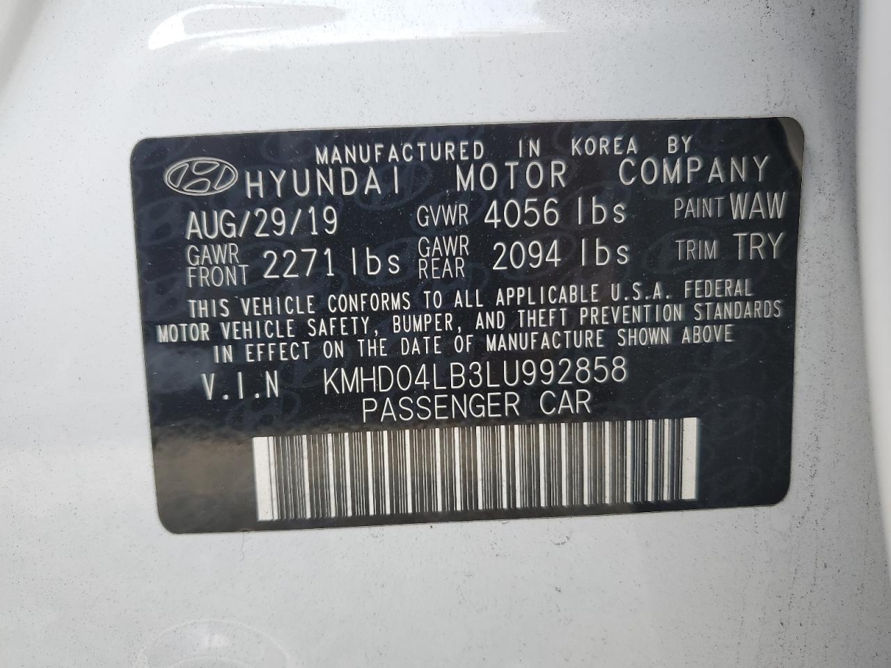 2020 Hyundai Elantra VIN KMHD04LB3LU992858 Copart auction photo, front end / side damage thumbnail 14