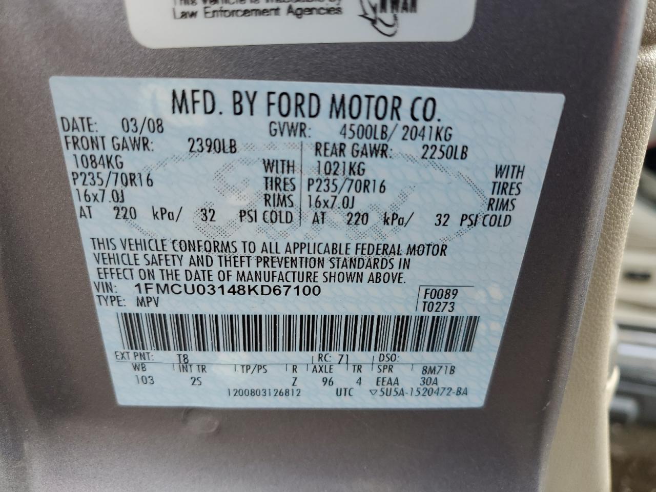 2008 Ford Escape VIN 1FMCU03148KD67100 Copart auction photo, front end / mechanical damage thumbnail 13