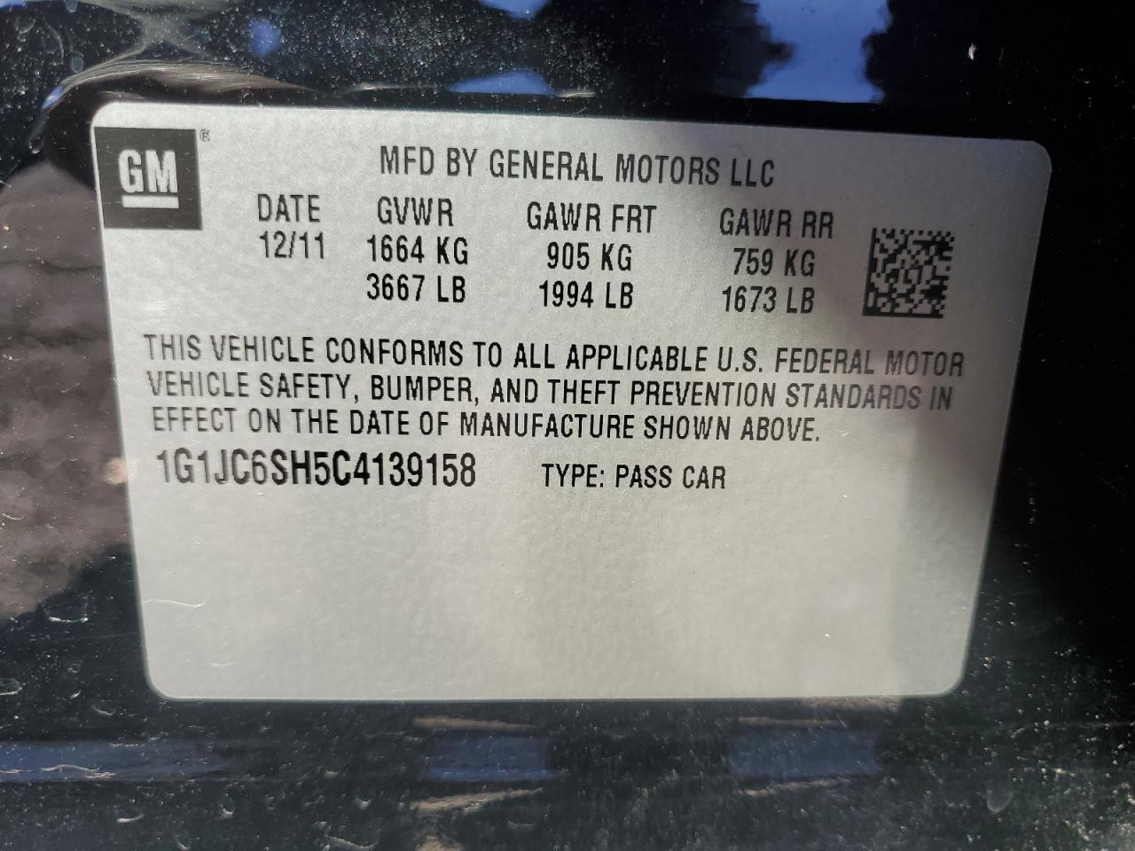 2012 Chevrolet Sonic VIN 1G1JC6SH5C4139158 Copart auction photo, front end damage thumbnail 12
