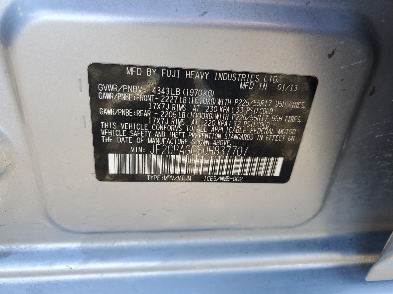 2013 Subaru XV VIN JF2GPAGC5DH837707 Copart auction photo, all over damage thumbnail 13