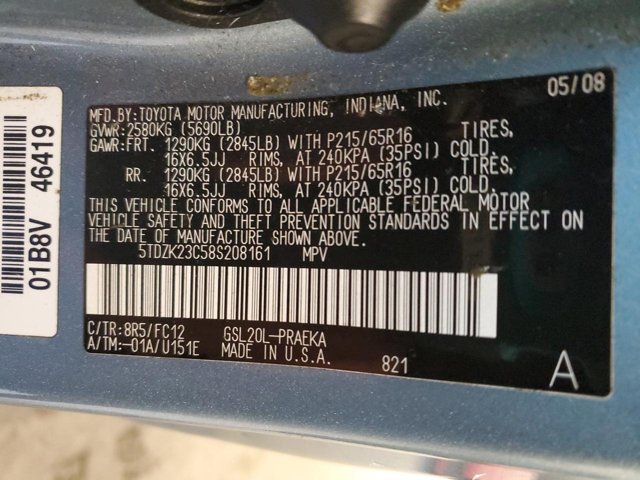 2008 Toyota Sienna VIN 5TDZK23C58S208161 Copart auction photo, side damage thumbnail 13