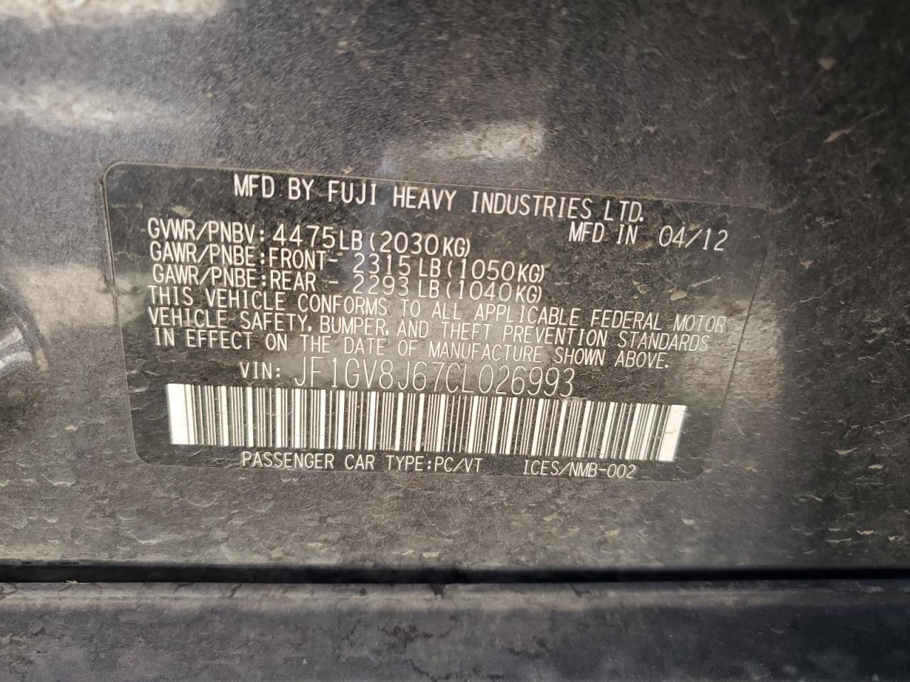 2012 Subaru WRX VIN JF1GV8J67CL026993 Copart auction photo, front end damage thumbnail 12