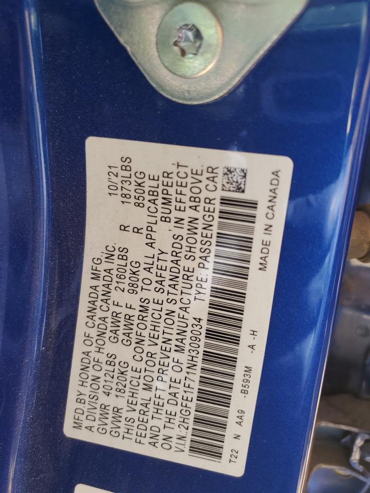 2022 Honda Civic VIN 2HGFE1F71NH309034 Copart auction photo, front end / rear end damage thumbnail 12