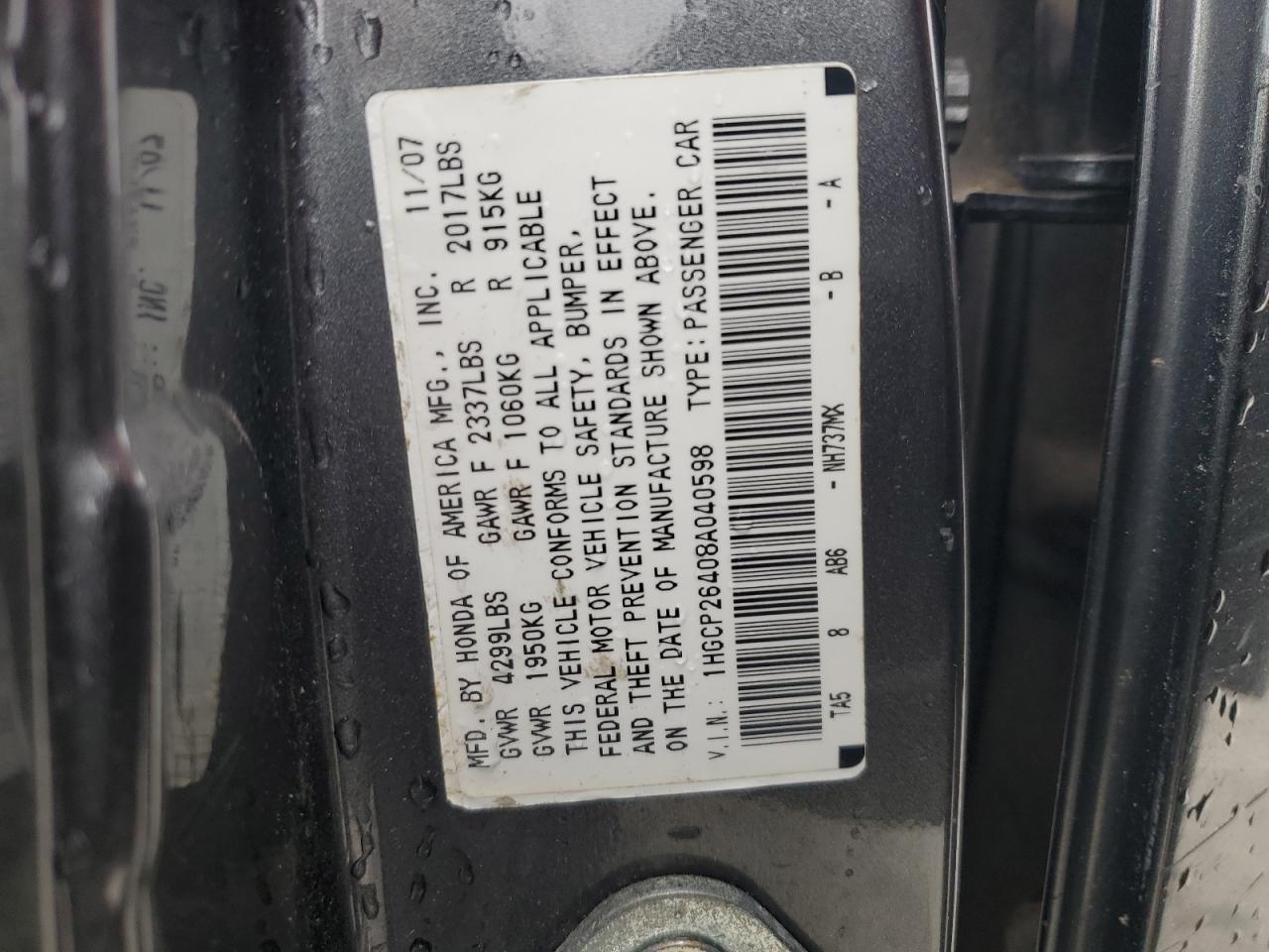 2008 Honda Accord VIN 1HGCP26408A040598 Copart auction photo, front end damage thumbnail 14