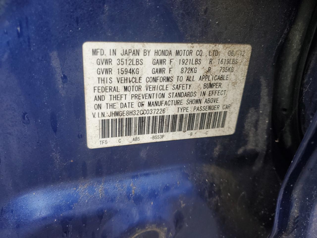 2012 Honda Fit VIN JHMGE8H32CC037226 Copart auction photo, front end damage thumbnail 15